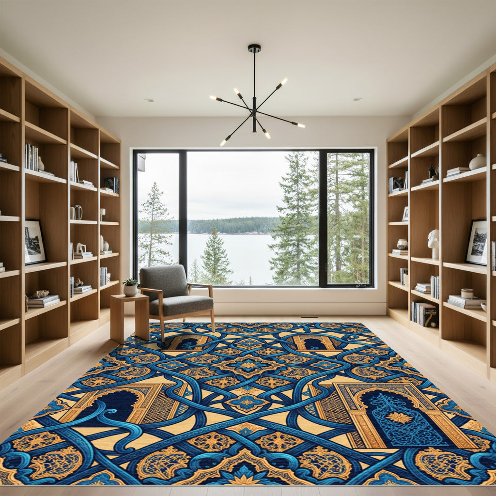 Ornate Blue and Gold Arabesque Arches Rug