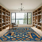 Ornate Blue and Gold Arabesque Arches Rug