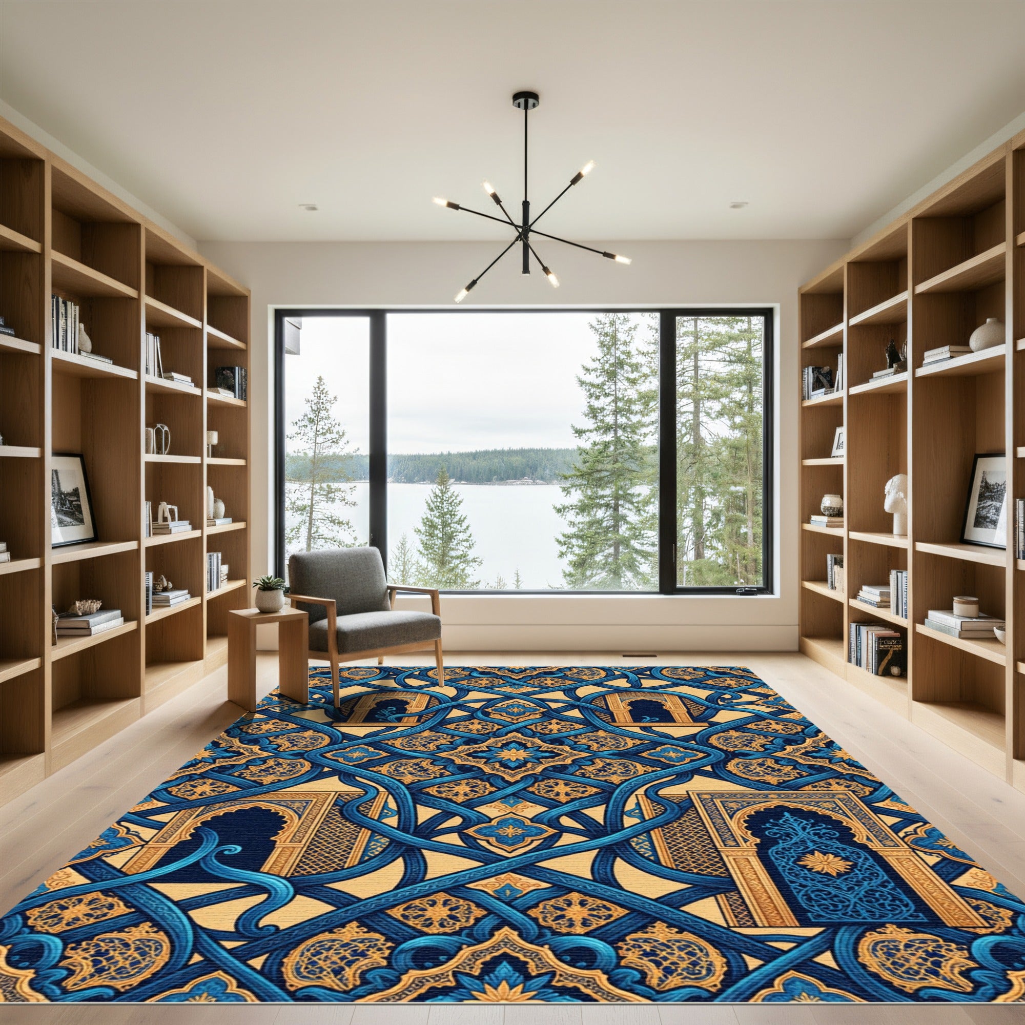 Ornate Blue and Gold Arabesque Arches Rug