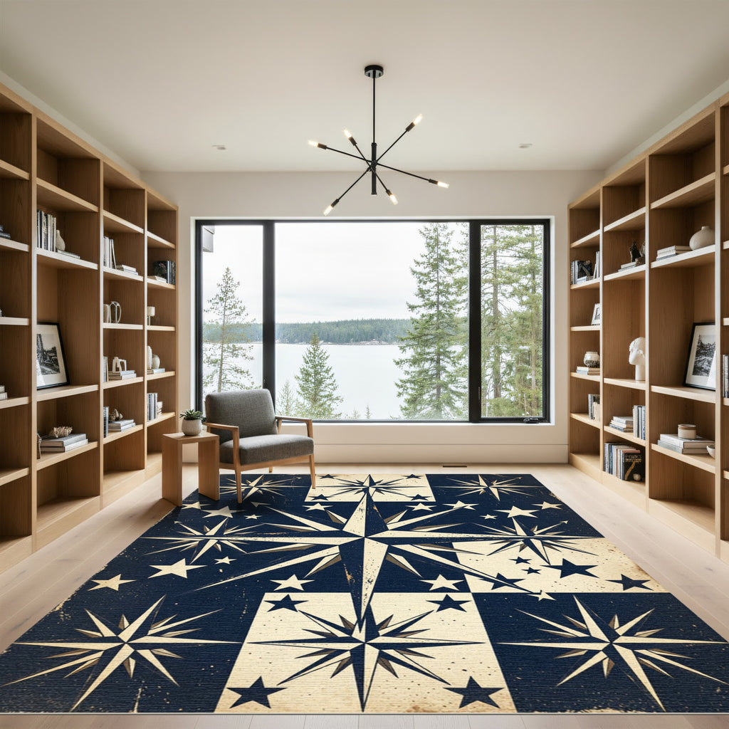 Vintage Navy Cream Nautical Compass Grid Rug