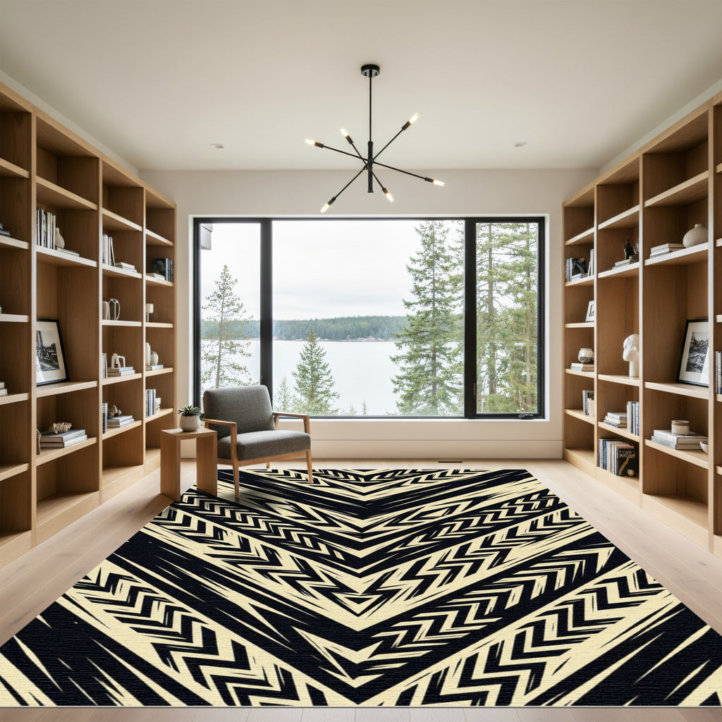 Bold Cream Black Chevron Geometric Rug