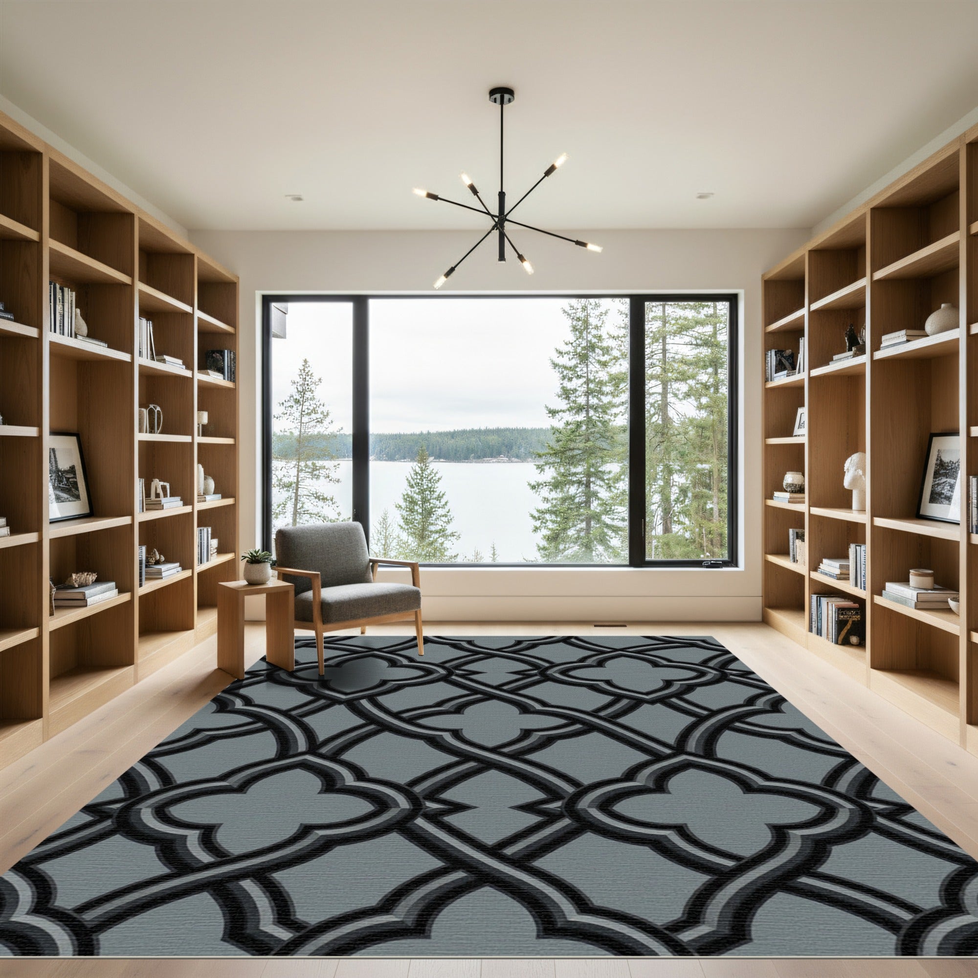 Modern Charcoal Interlocking Quatrefoil Geometric Rug
