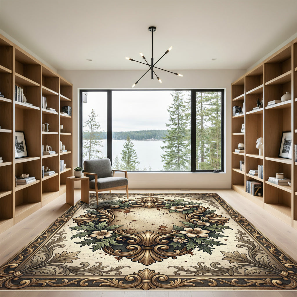 Ornate Gold Filigree Floral Scroll Rug