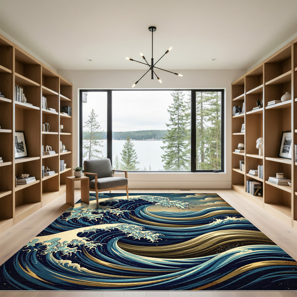 Dynamic Blue Gold Ocean Waves Rug