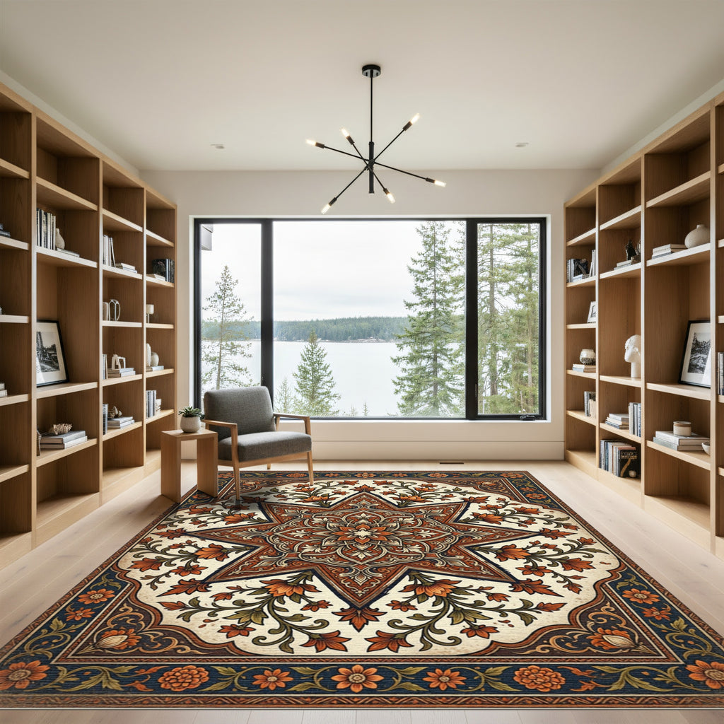 Ornate Amber Floral Star Medallion Rug