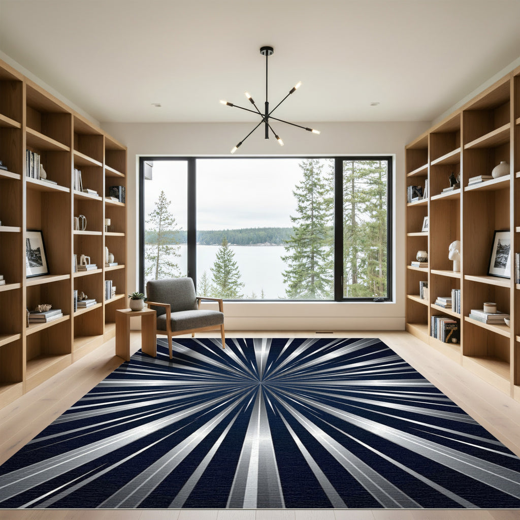 Radiant Silver Starburst Abstract Metallic Rug
