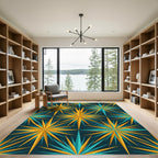Mid-Century Teal and Gold Starburst Rug