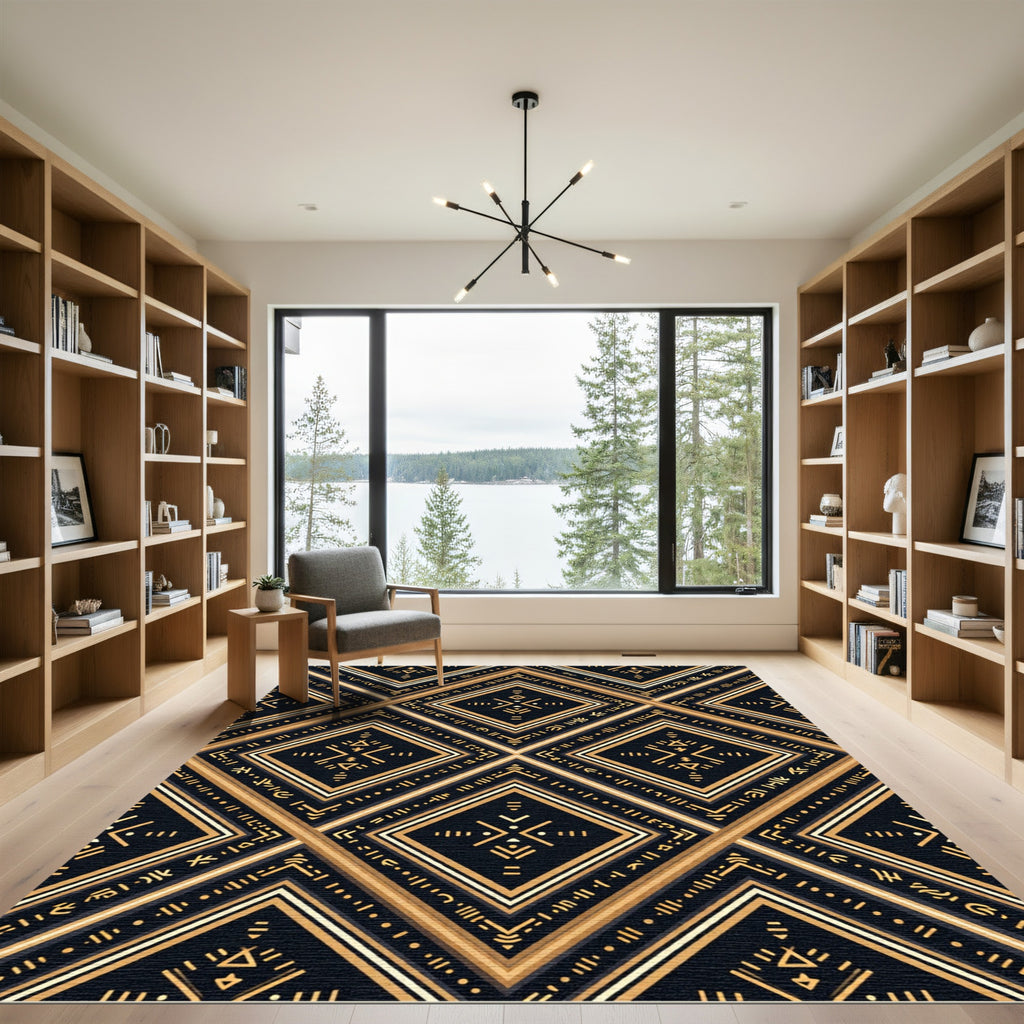 Golden Geometric Diamond Grid Black Rug
