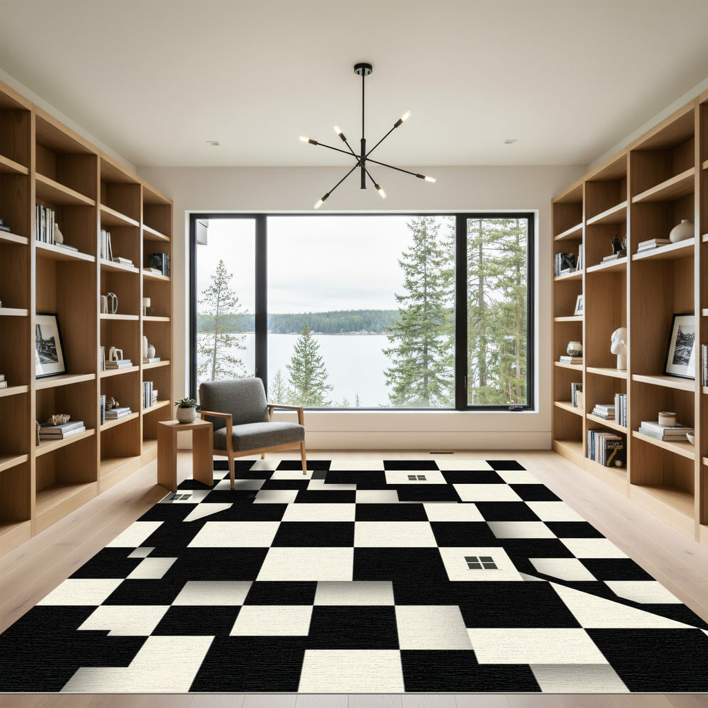 Modern Monochrome Geometric Architectural Grid Rug