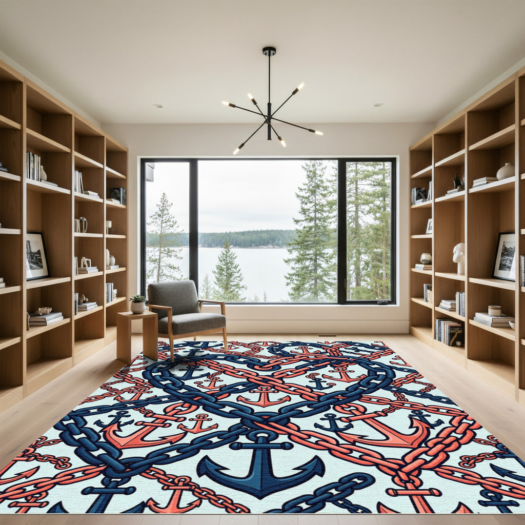 Navy Coral Anchor Heart Chain Rug