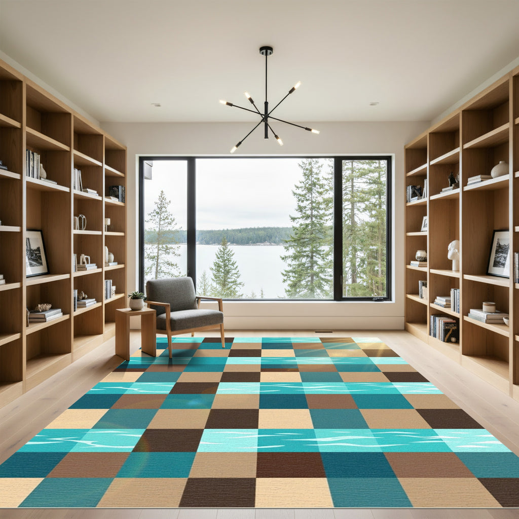 Geometric Checkered Teal Sunlit Water Rug