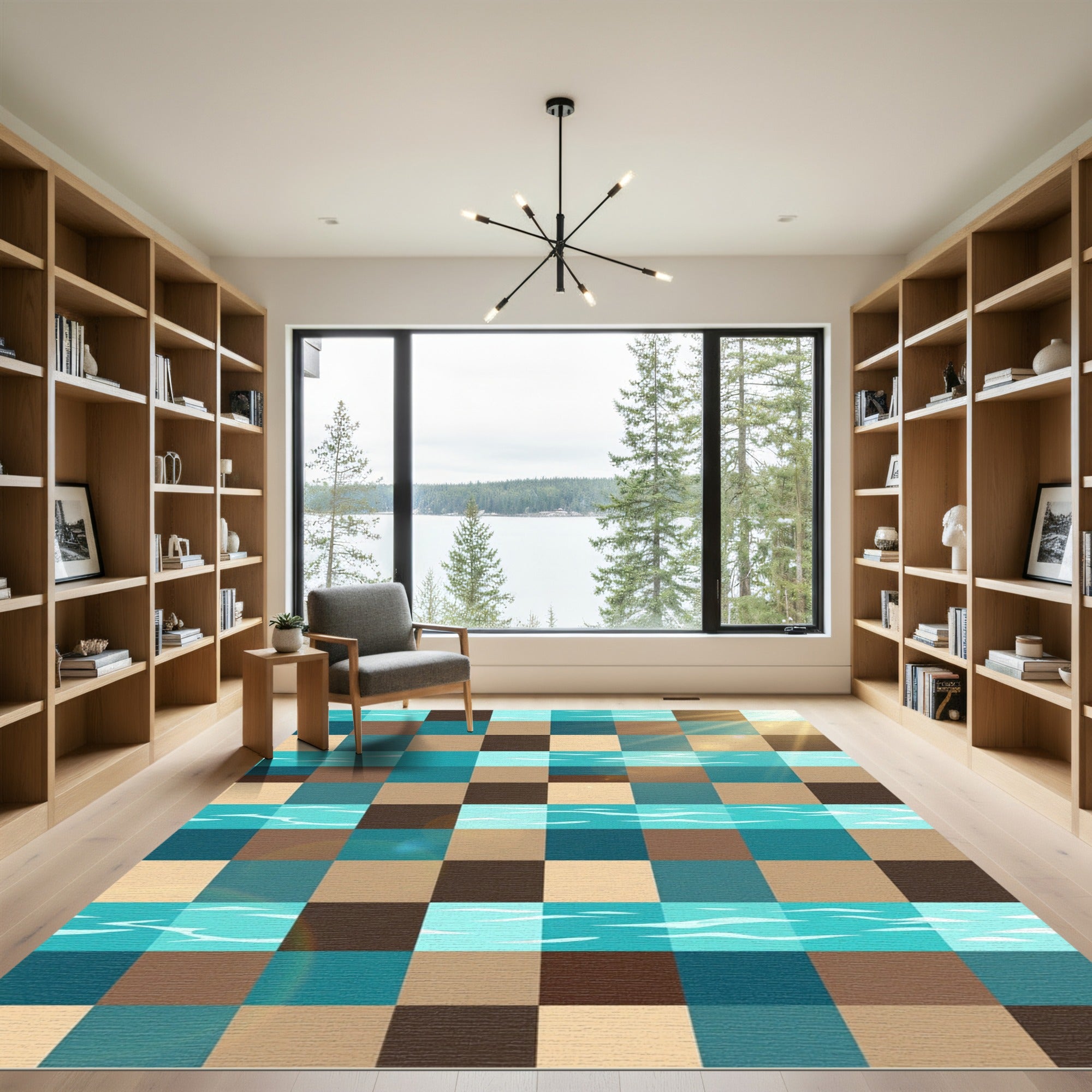 Geometric Checkered Teal Sunlit Water Rug