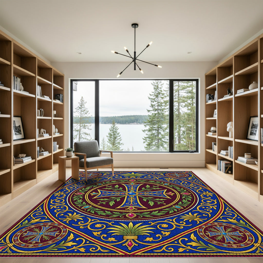 Ornate Byzantine Cross Royal Blue Medallion Rug