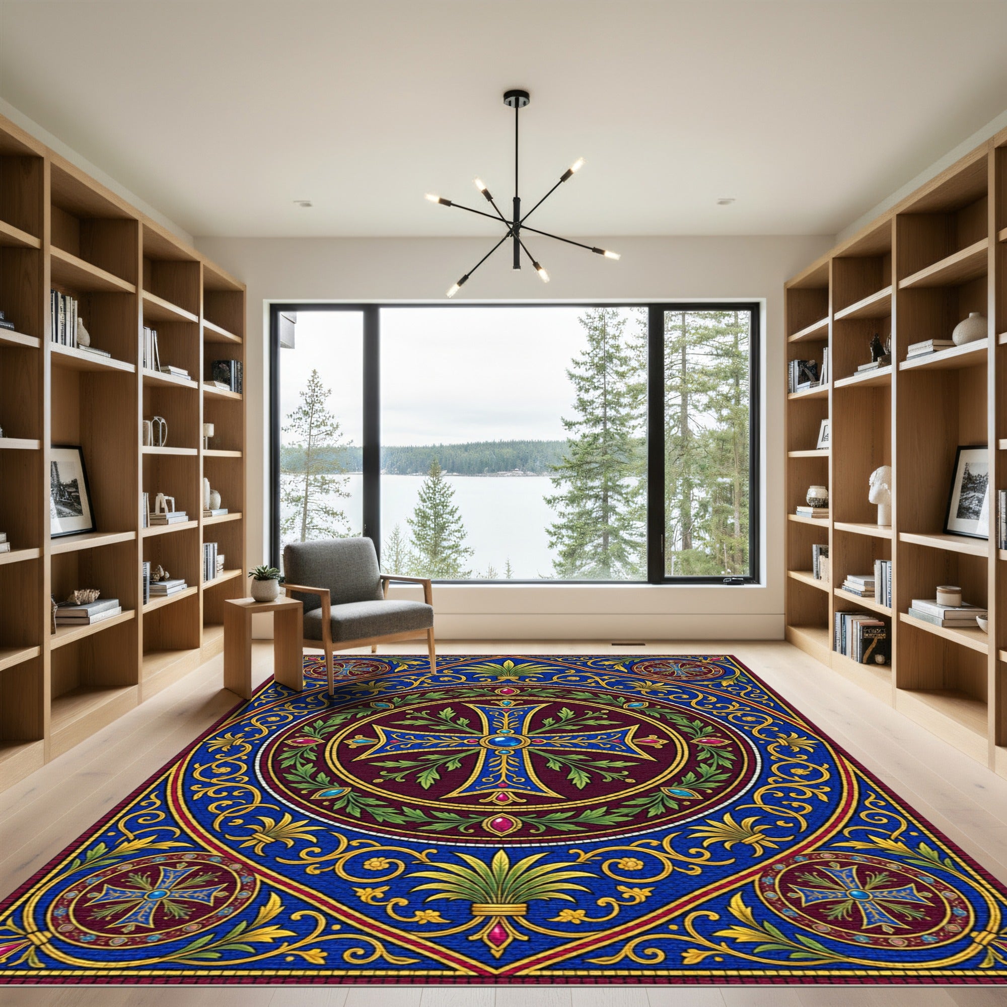 Ornate Byzantine Cross Royal Blue Medallion Rug