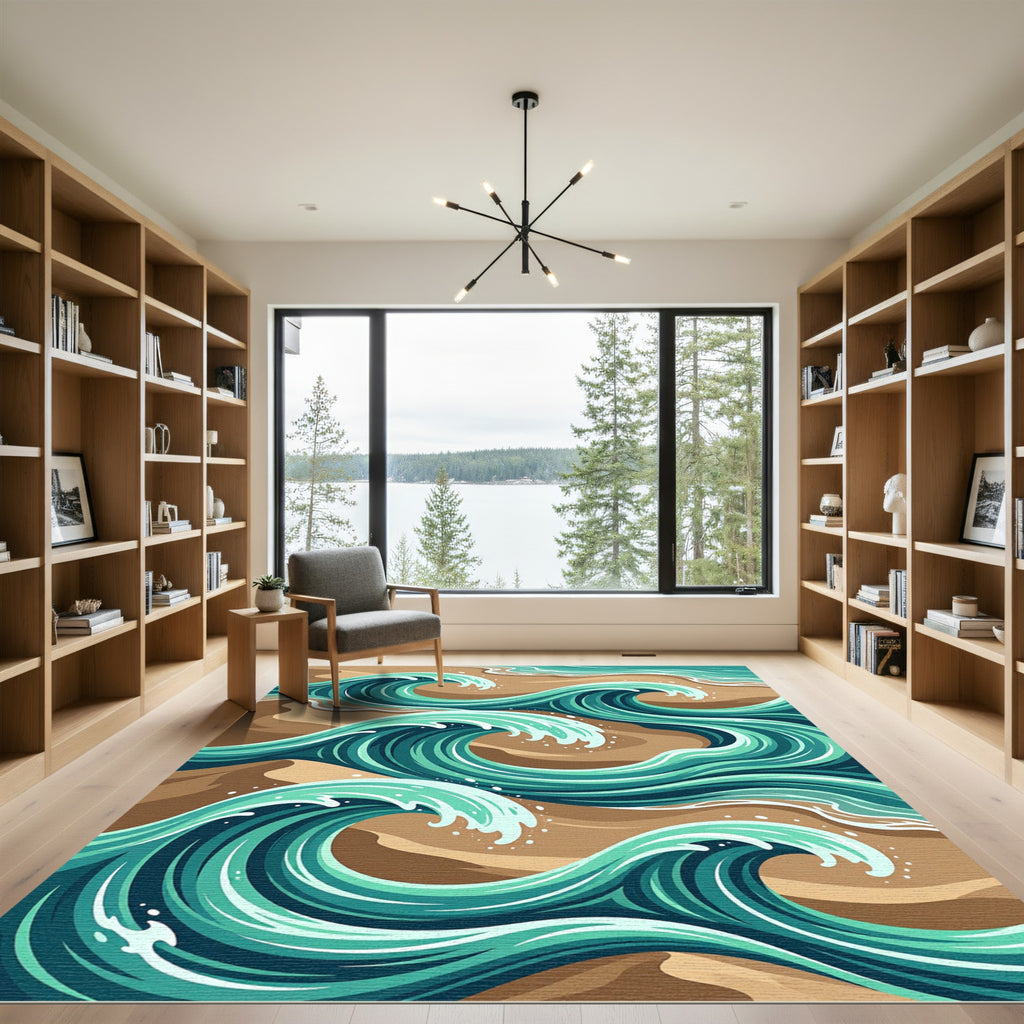 Teal Ocean Swirl Abstract Wave Rug