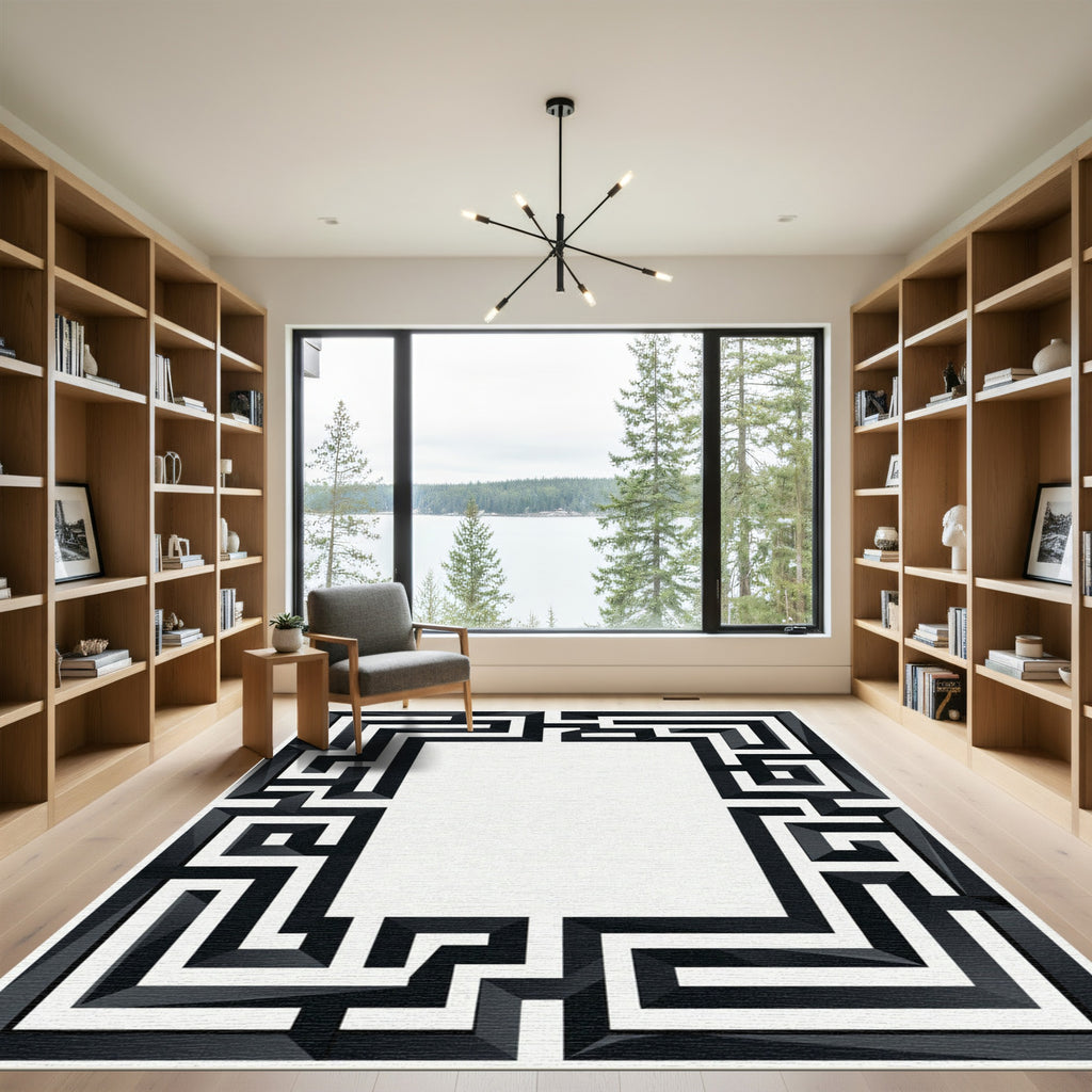 Modern Black Maze Geometric Frame Rug