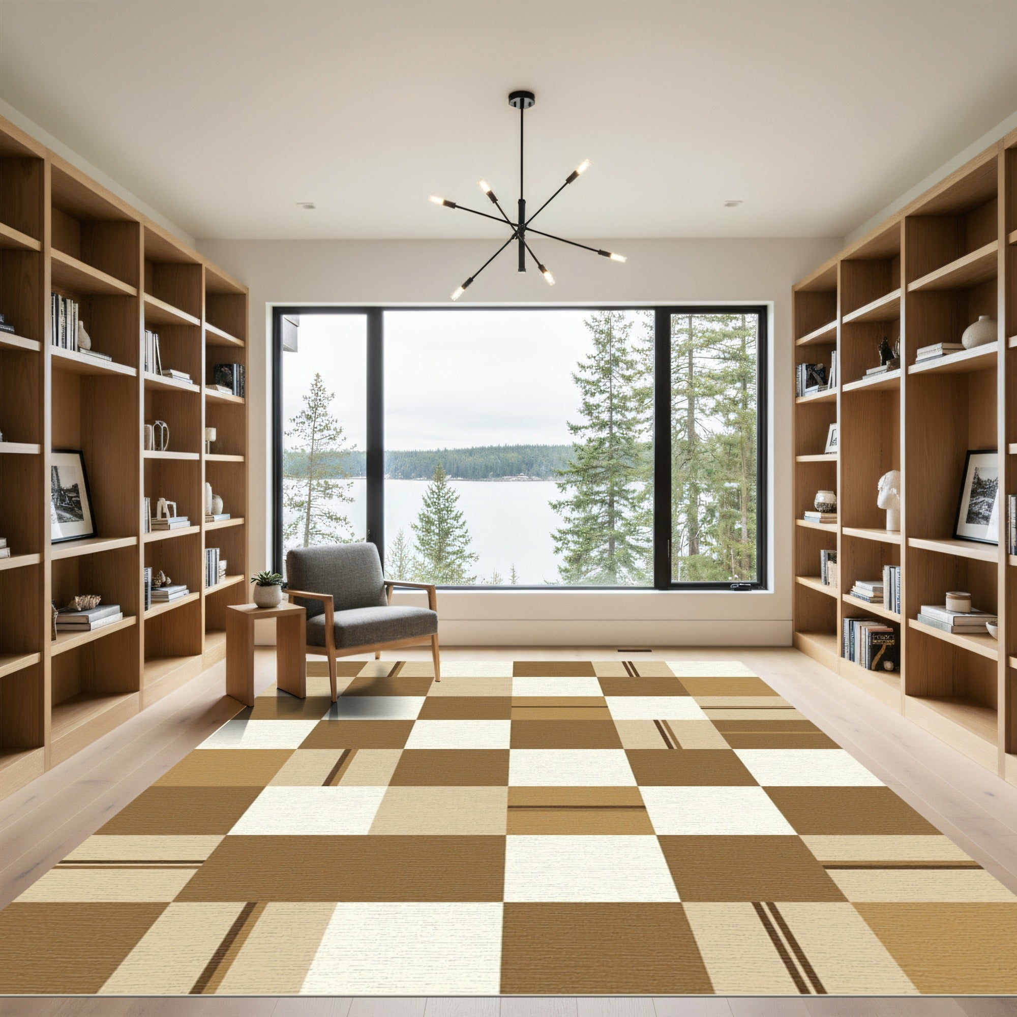 Neutral Brown And Beige Geometric Grid Rug