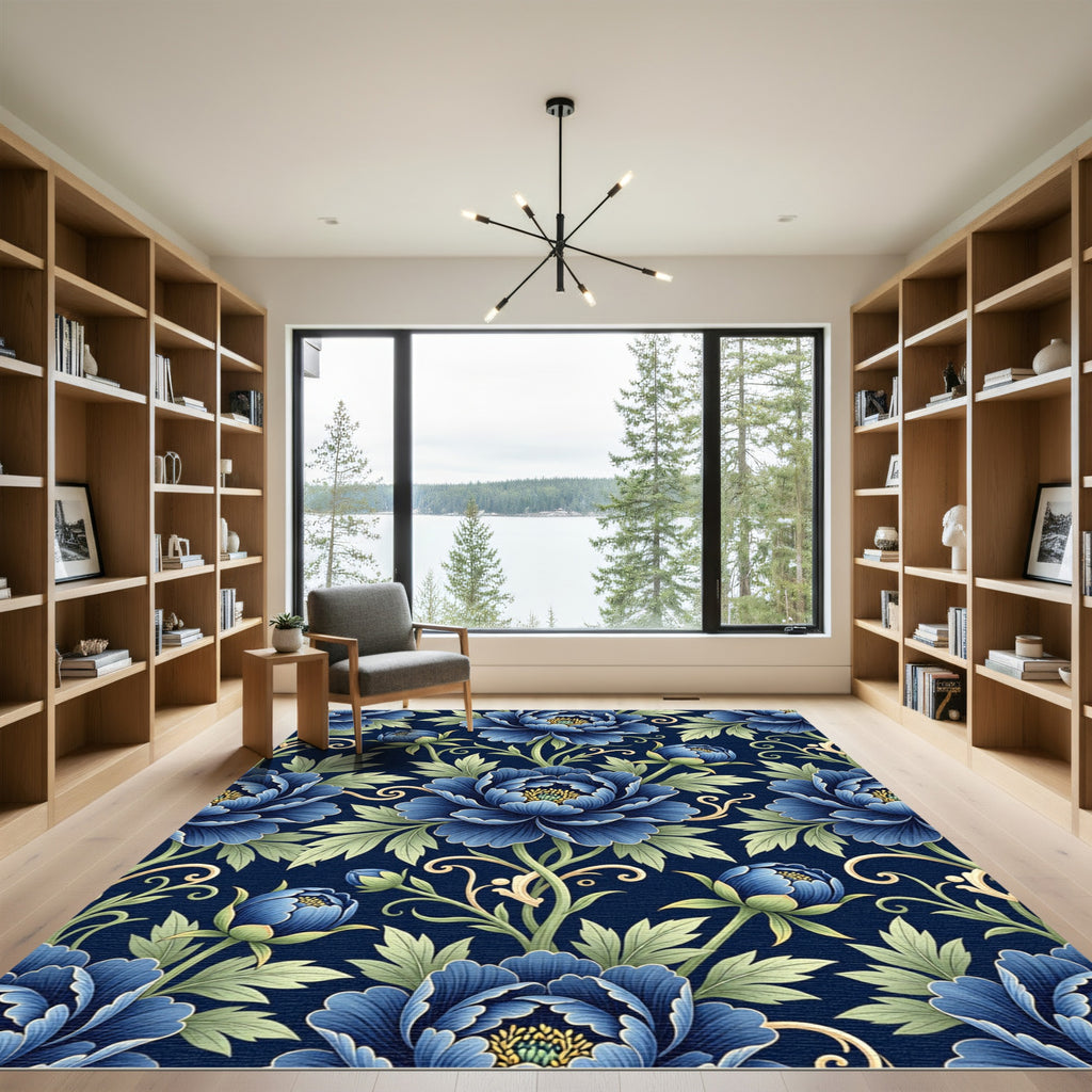 Elegant Blue Peony Botanical Flourish Rug