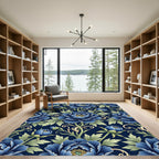 Elegant Blue Peony Botanical Flourish Rug