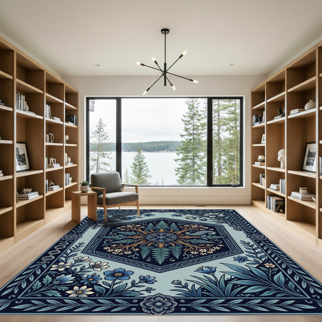 Midnight Blue Botanical Hexagon Meadow Rug