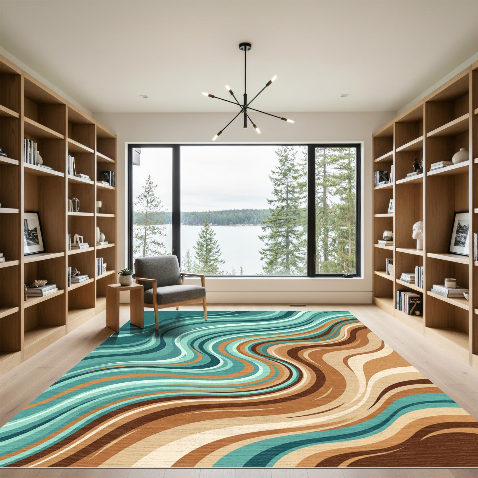 Aqua Brown Abstract Flowing Waves Rug