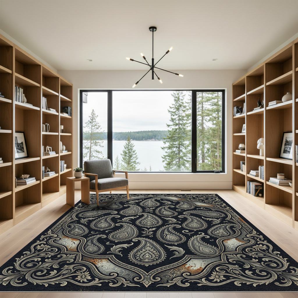 Intricate Black Silver Paisley Damask Rug