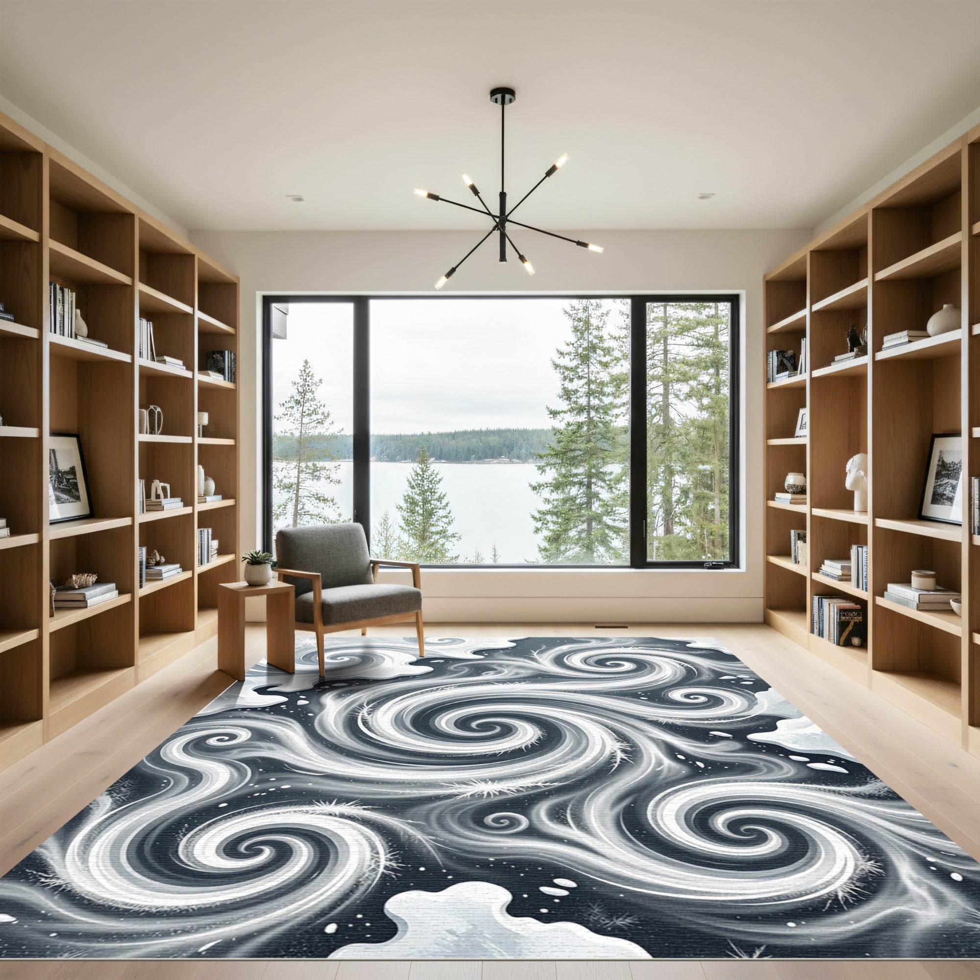 Ethereal Charcoal and White Swirling Frost Rug