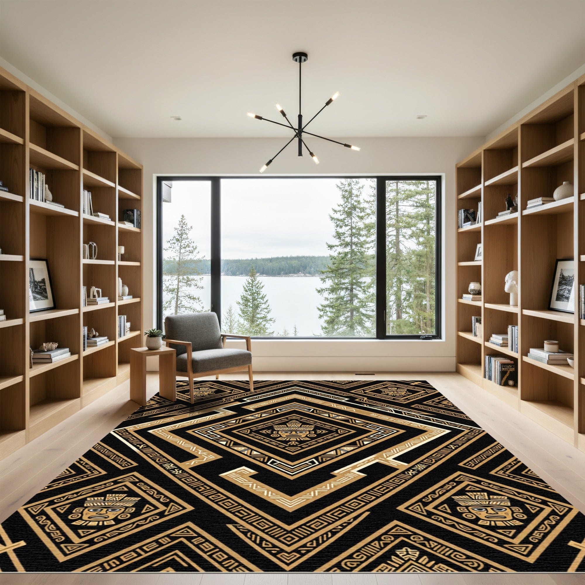 Gold Aztec Diamond Geometric Black Area Rug