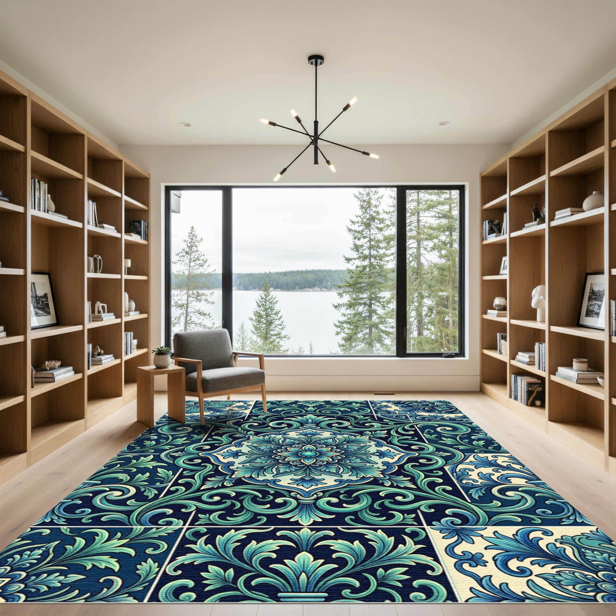 Deep Teal Floral Medallion Tile Rug