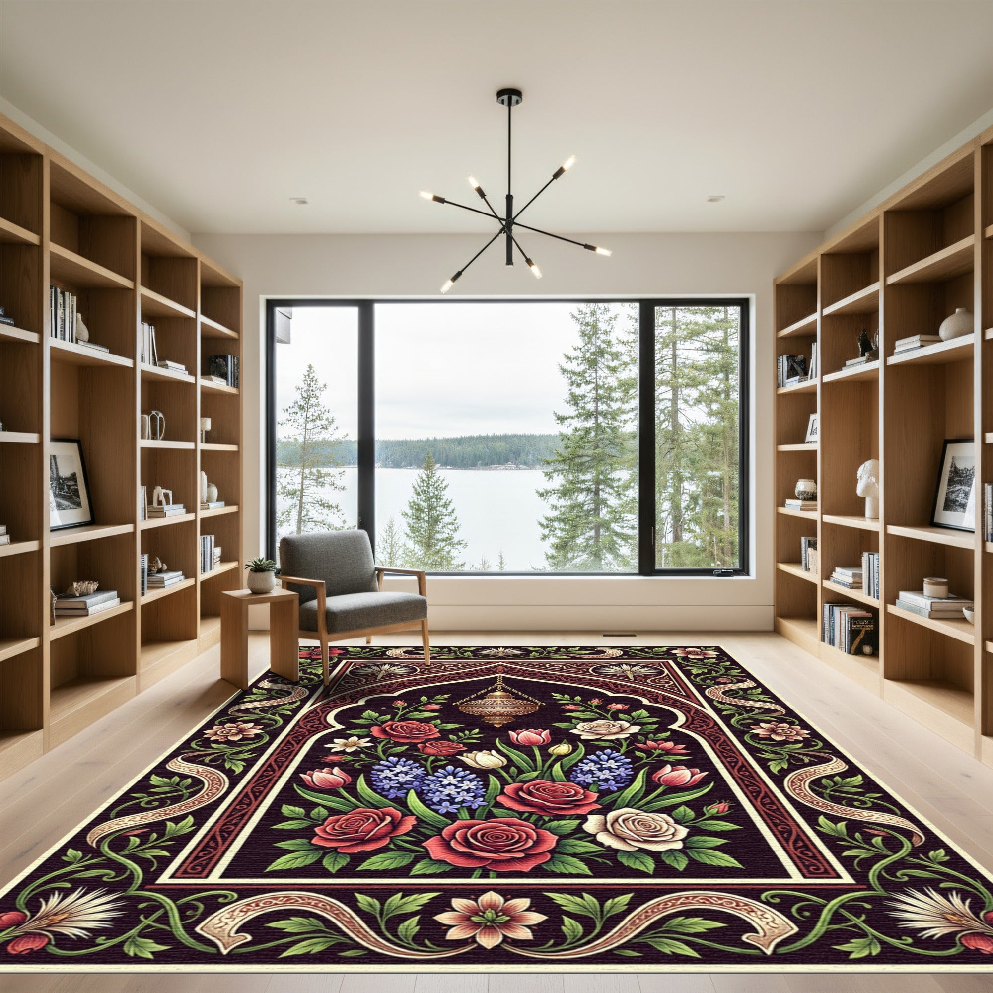 Ornate Floral Arch with Golden Lantern Rug