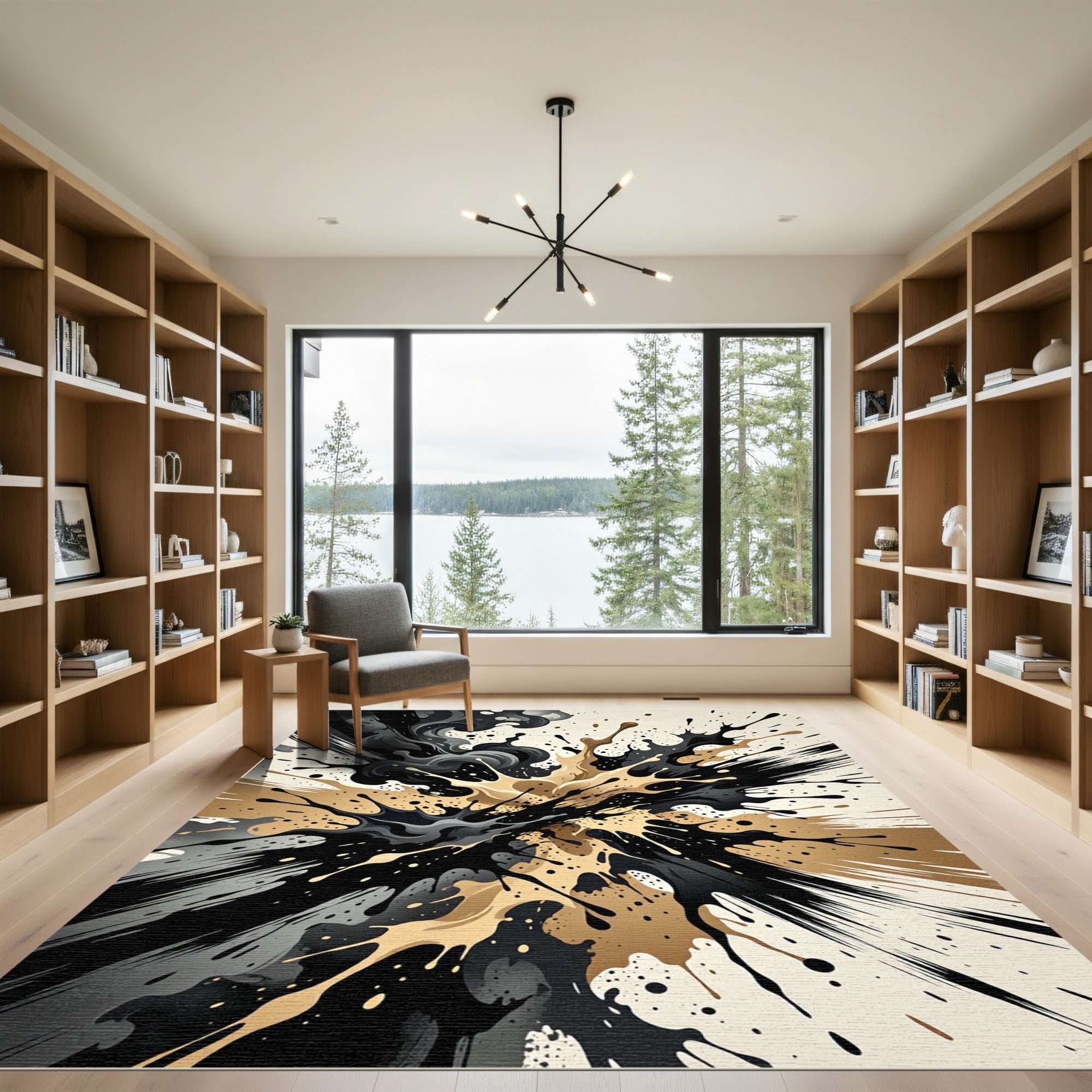 Abstract Black Gold Paint Splatter Rug