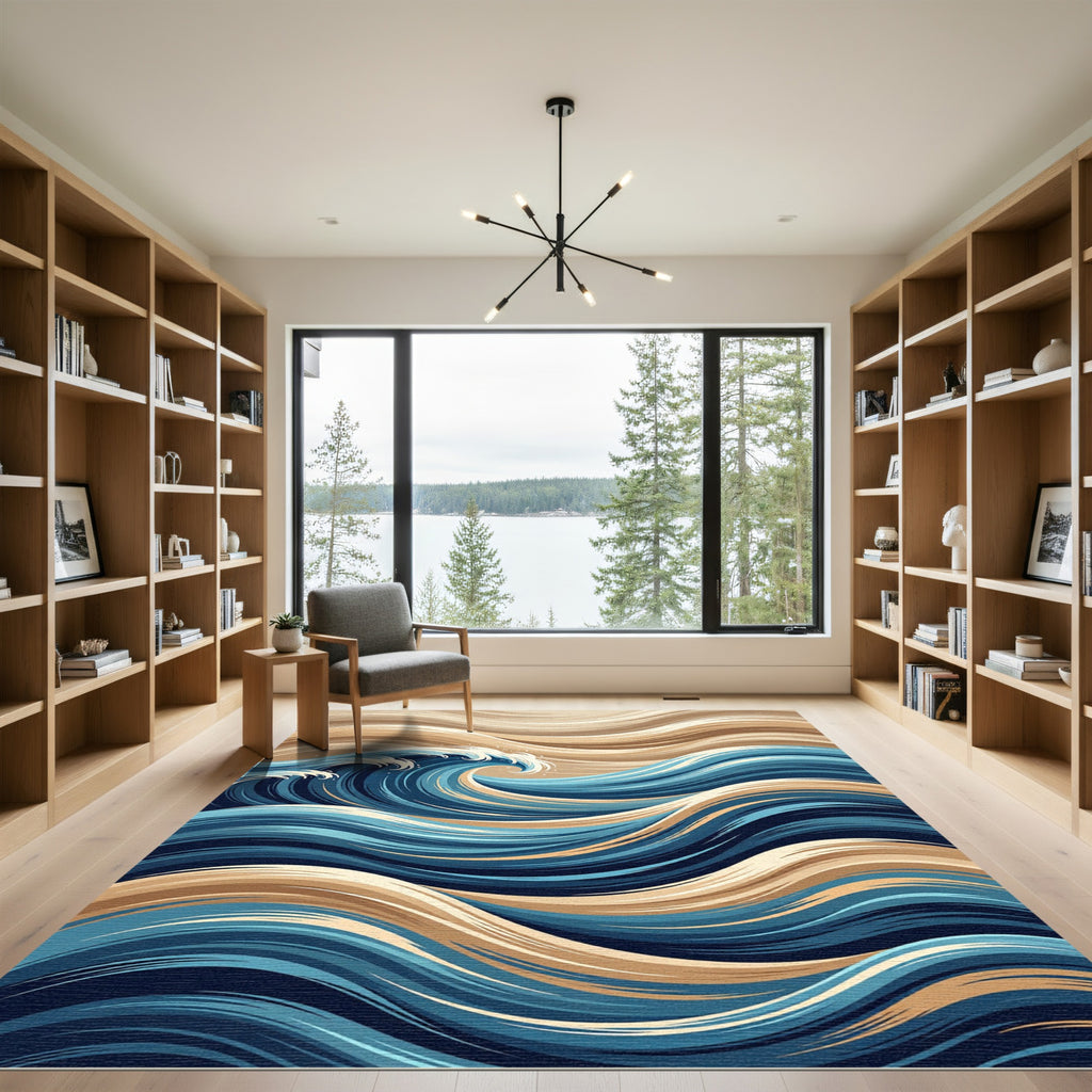 Abstract Blue Wave Coastal Swirl Rug