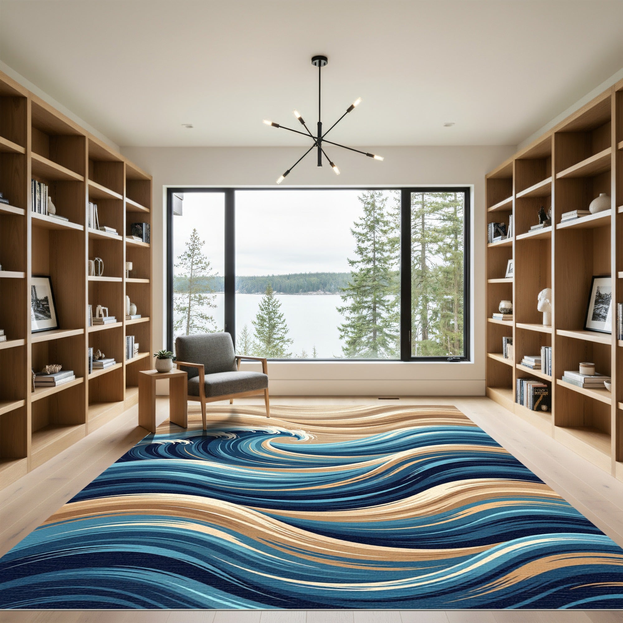 Abstract Blue Wave Coastal Swirl Rug