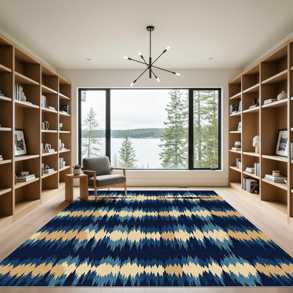 Deep Blue Golden Jagged Stripes Rug