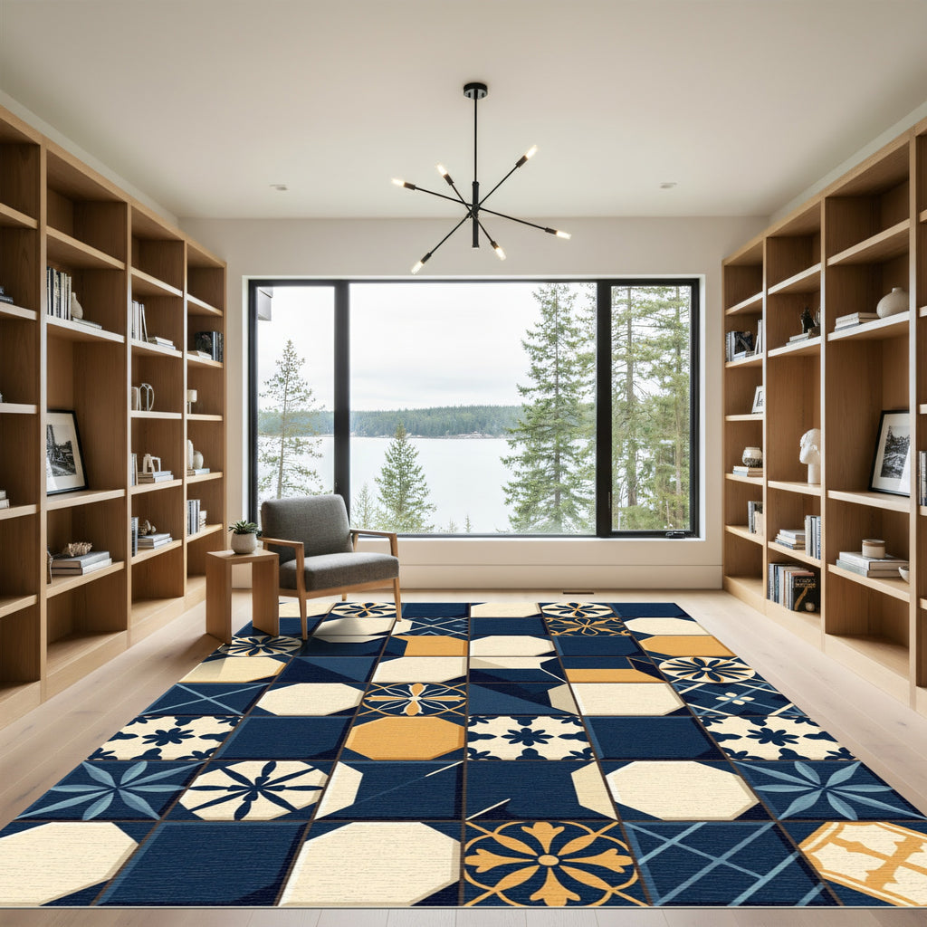 Navy Blue and Gold Geometric Tile Rug