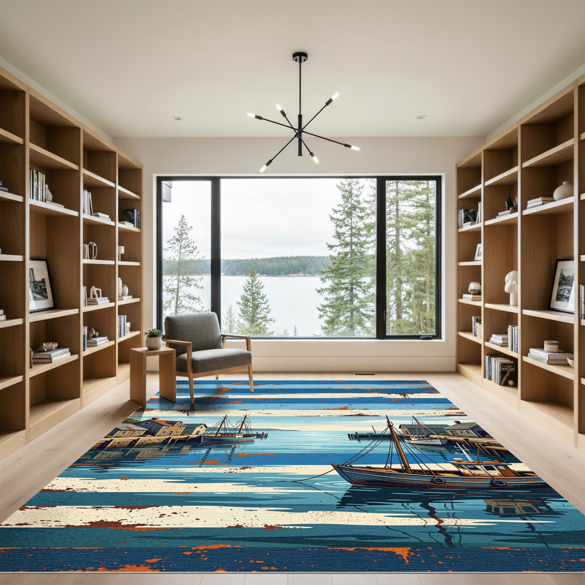 Rustic Nautical Harbor Boats Landscape Rug