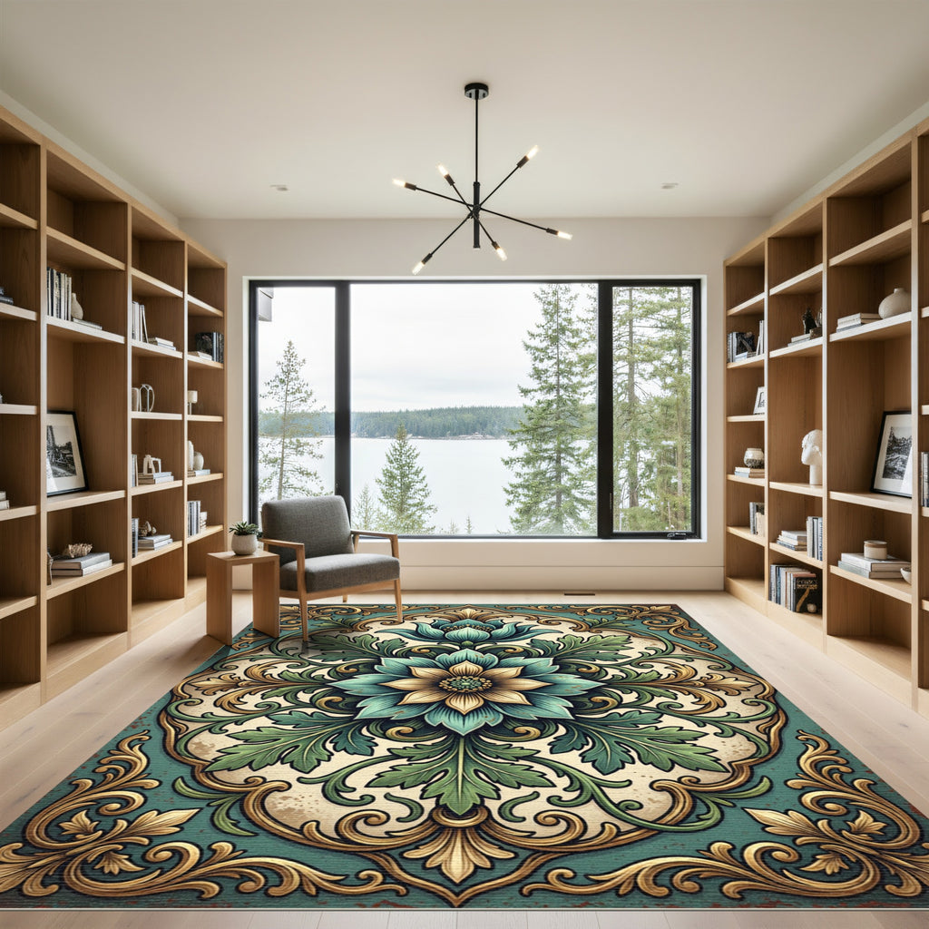 Elegant Teal Gold Botanical Medallion Rug