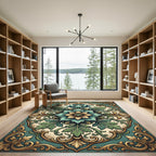 Elegant Teal Gold Botanical Medallion Rug