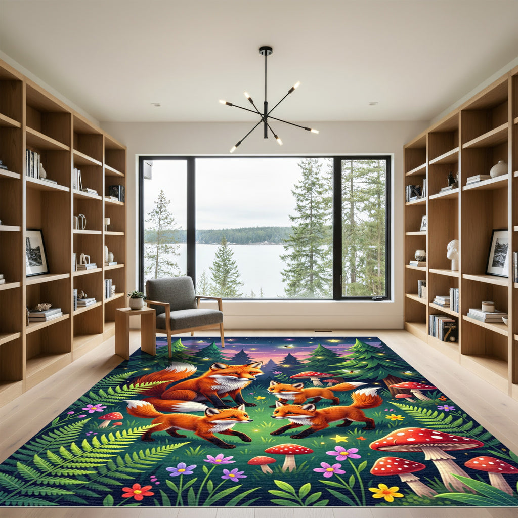 Whimsical Fox Family Forest Meadow Rug