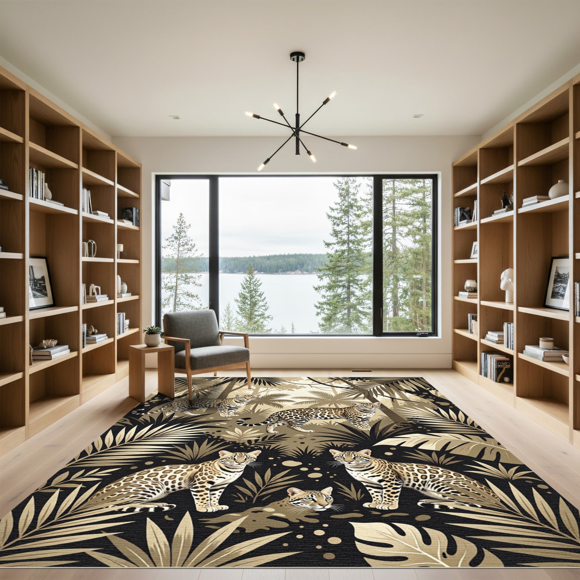 Jungle Leopard Monochrome Tropical Foliage Rug