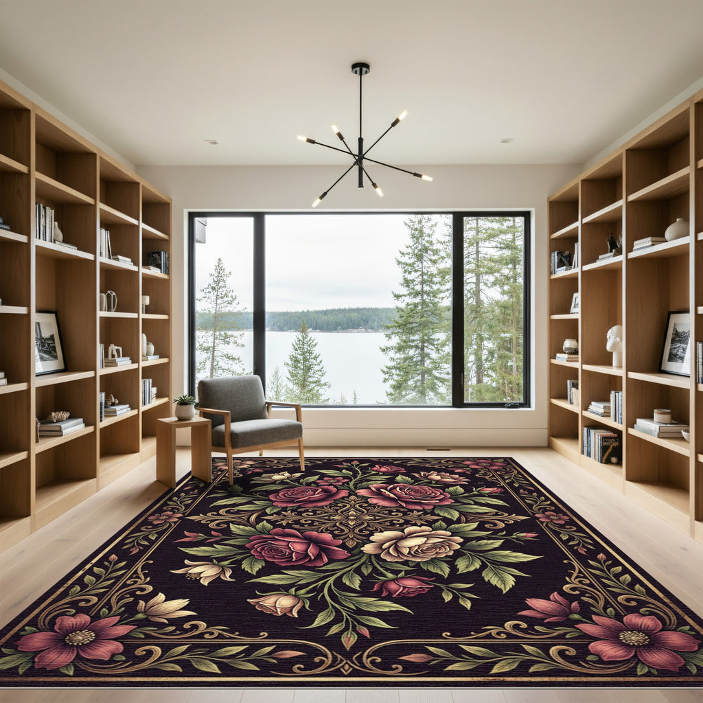 Elegant Dark Floral Bloom Medallion Rug