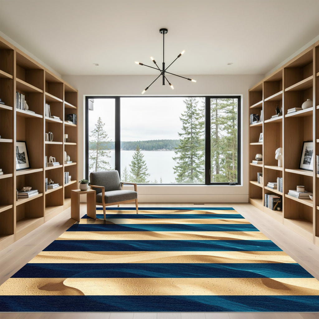 Abstract Blue Ocean Sand Striped Art Rug