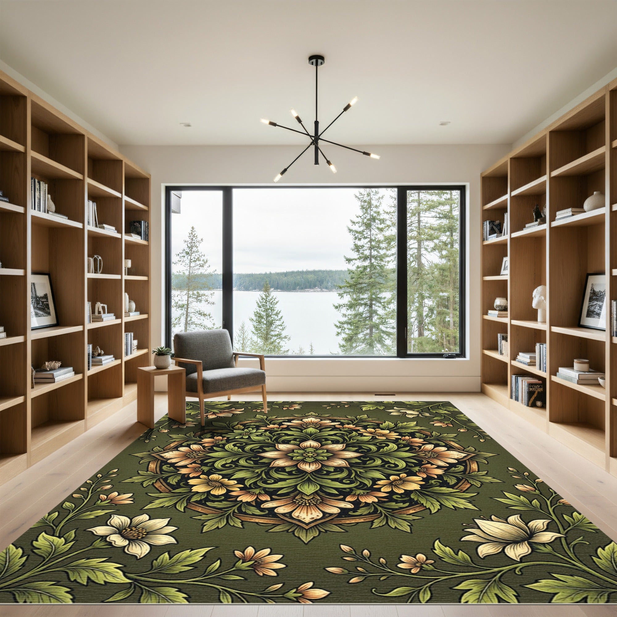 Elegant Sage Green Floral Mandala Rug