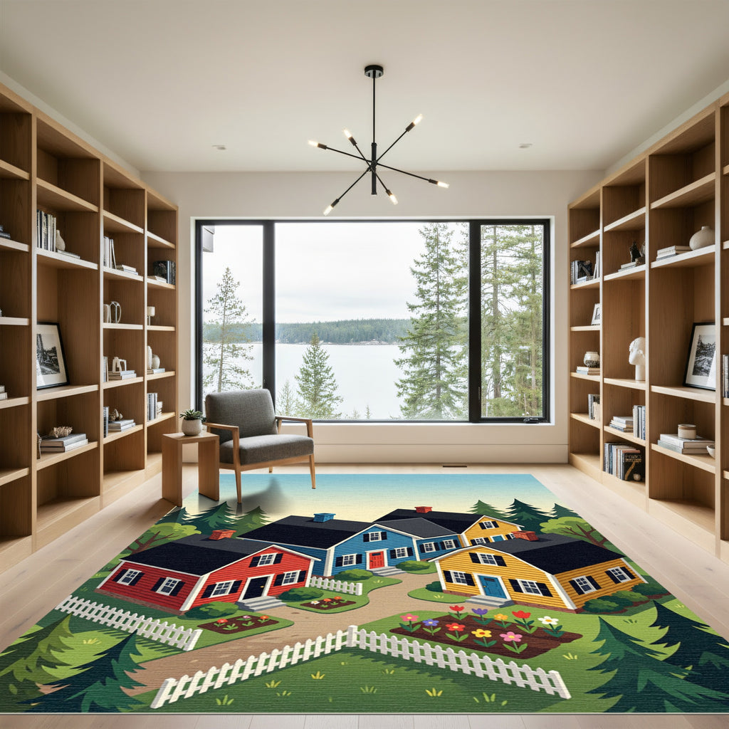 Whimsical Neighborhood Cottage Folk Art Scene Rug