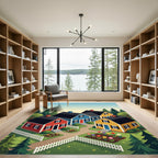 Whimsical Neighborhood Cottage Folk Art Scene Rug