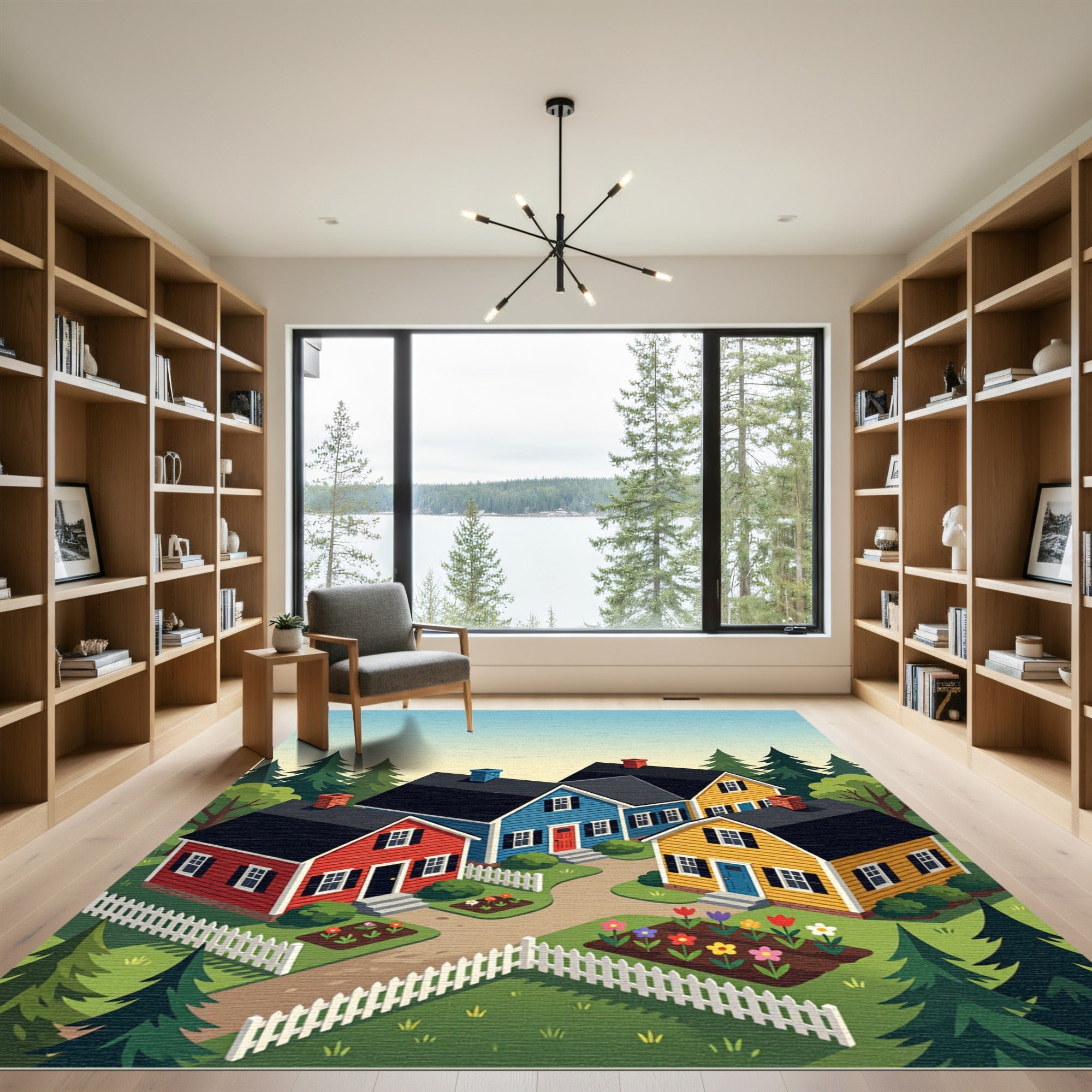 Whimsical Neighborhood Cottage Folk Art Scene Rug