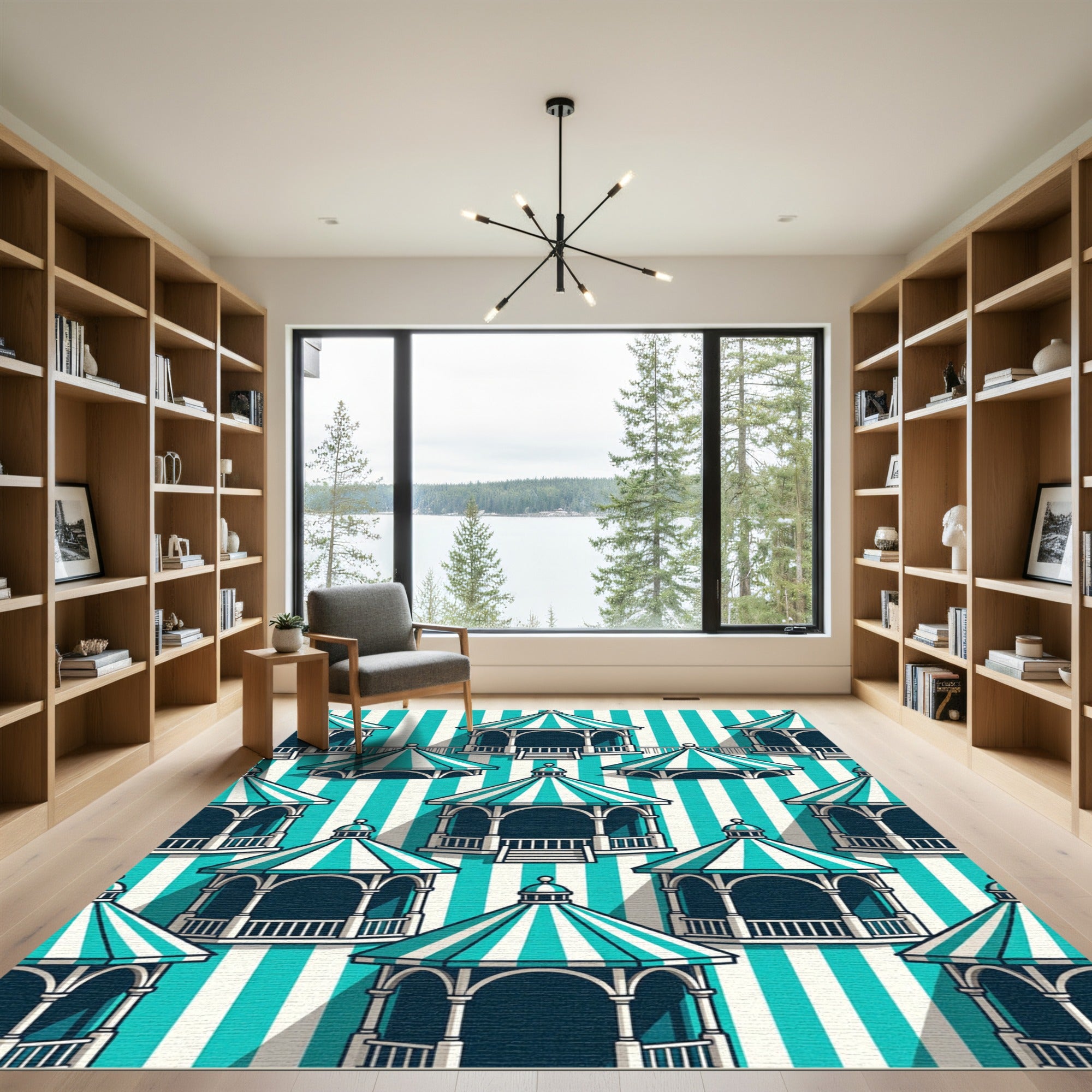 Teal White Striped Gazebo Collection Rug