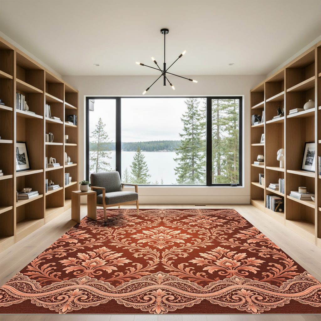 Antique Copper Damask Scroll Lace Rug