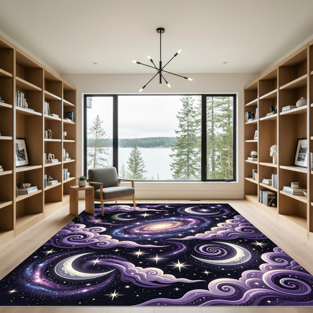Celestial Violet Crescent Moon Galaxy Rug
