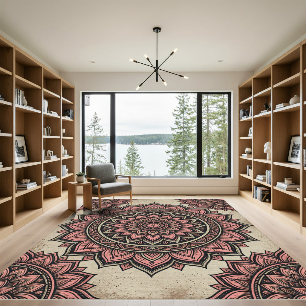Blush Pink Lotus Mandala Medallion Circular Rug